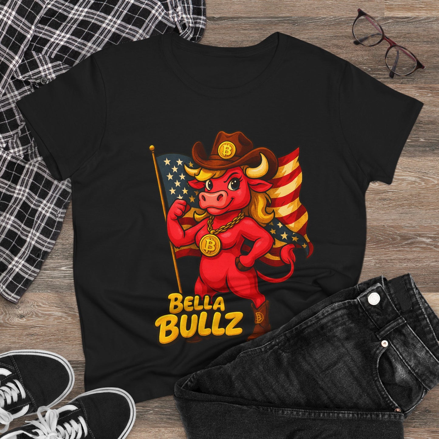 Bella Bullz Women's Cotton Tee - Proud Bitcoin Cowgirl Crypto Lovers Design