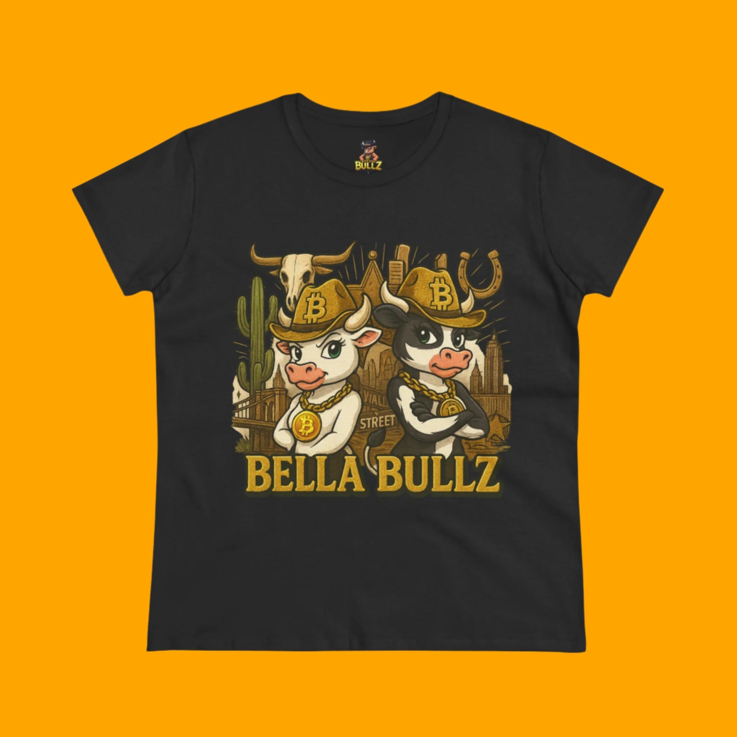 Cowgirl Themed Women's Midweight Cotton Tee - Bella Bullz Graphic Shirt, Casual Wear, Gift for Cowgirls, Rodeo Apparel, Unique Graphic Tee