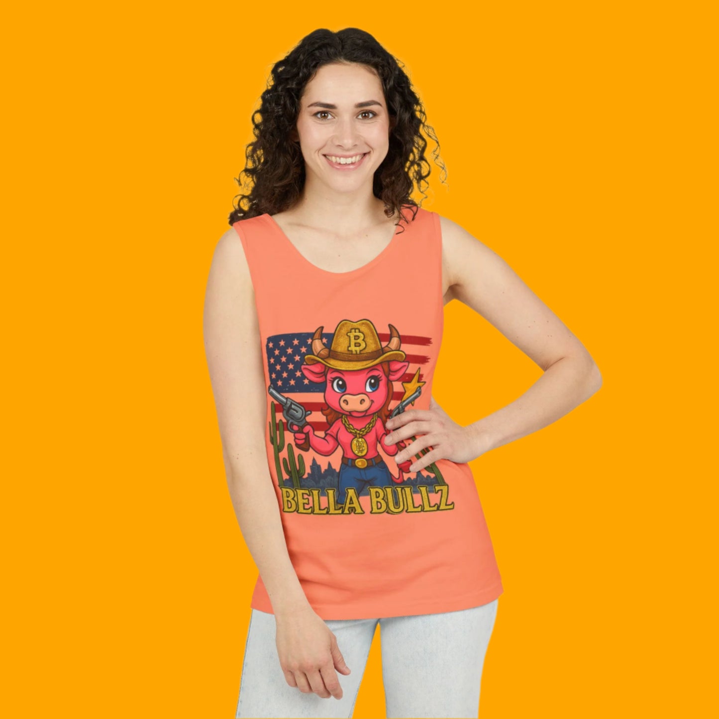 Bella Bullz™ Graphic Tank Top | Women's Garment Dyed T-Shirt, Crypto Cowgirl Western Outfit, Summer Festival