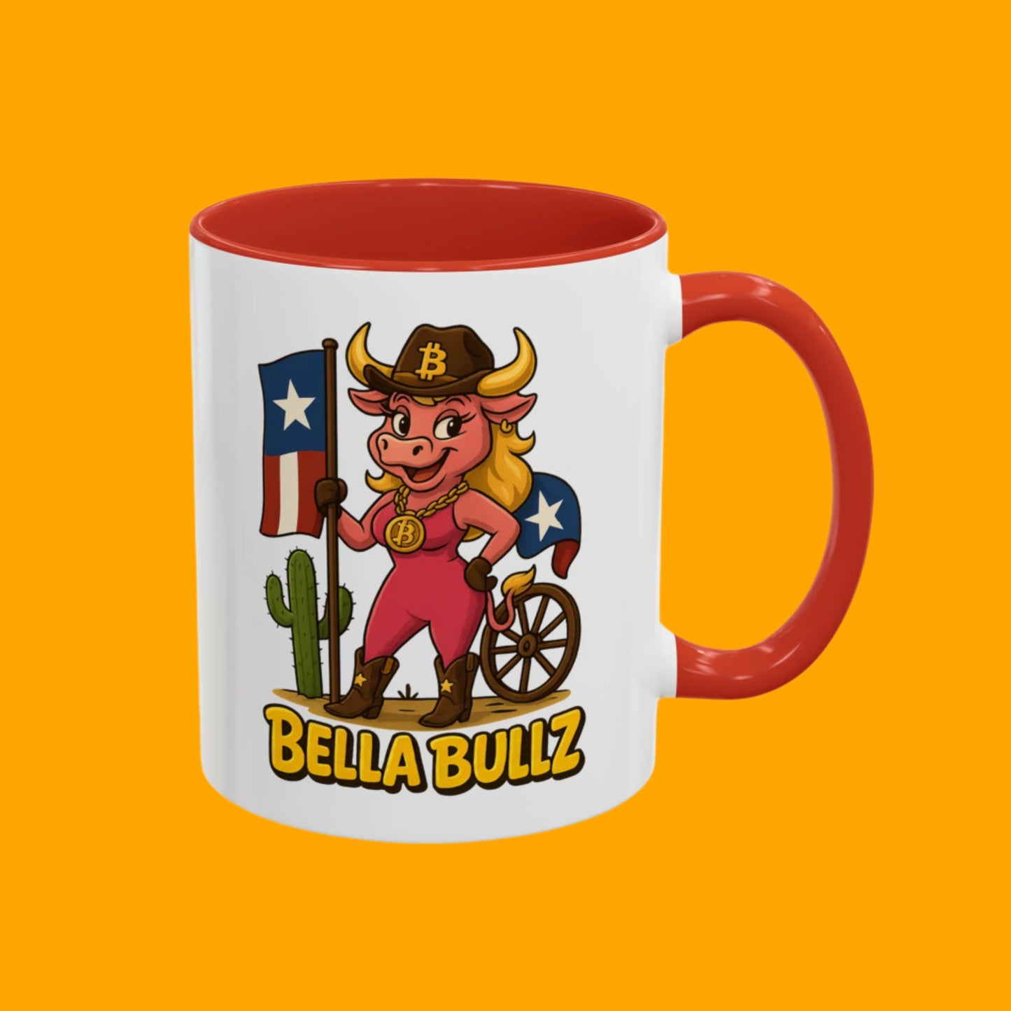 Texas-themed Accent Coffee Mug with Bella Bullz Design | Crypto Cowgirl Mug, Cactus Coffee Cup, Cute Animal Mug, Texas Pride