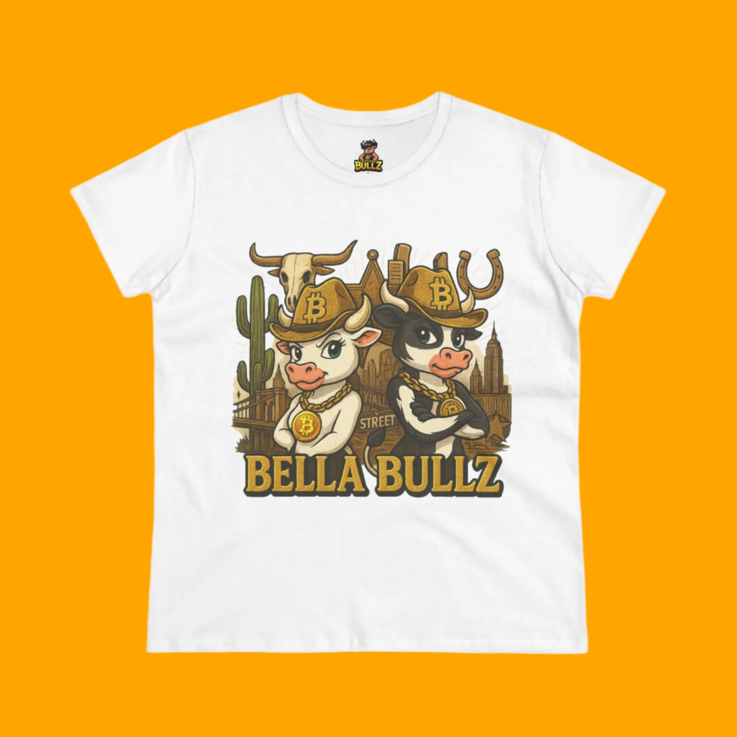 Cowgirl Themed Women's Midweight Cotton Tee - Bella Bullz Graphic Shirt, Casual Wear, Gift for Cowgirls, Rodeo Apparel, Unique Graphic Tee