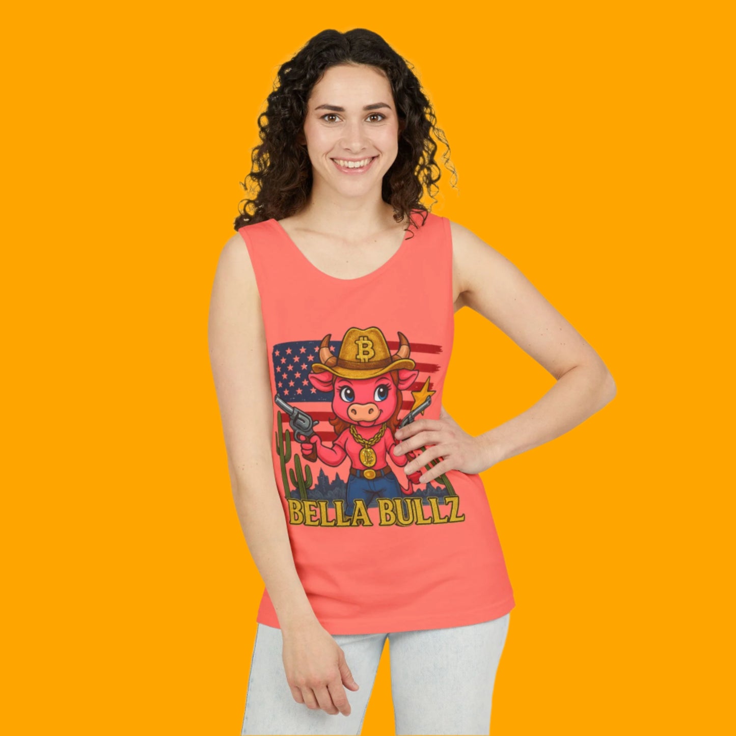 Bella Bullz™ Graphic Tank Top | Women's Garment Dyed T-Shirt, Crypto Cowgirl Western Outfit, Summer Festival