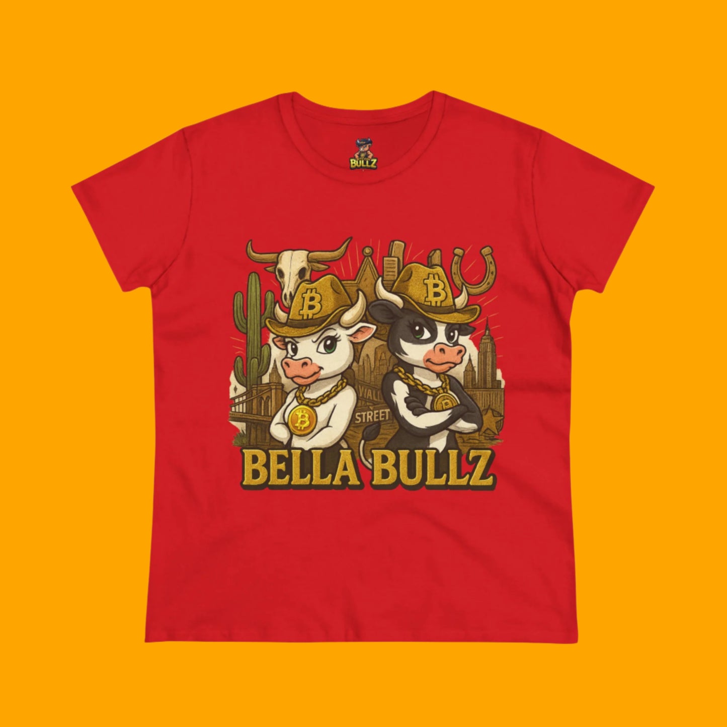 Cowgirl Themed Women's Midweight Cotton Tee - Bella Bullz Graphic Shirt, Casual Wear, Gift for Cowgirls, Rodeo Apparel, Unique Graphic Tee
