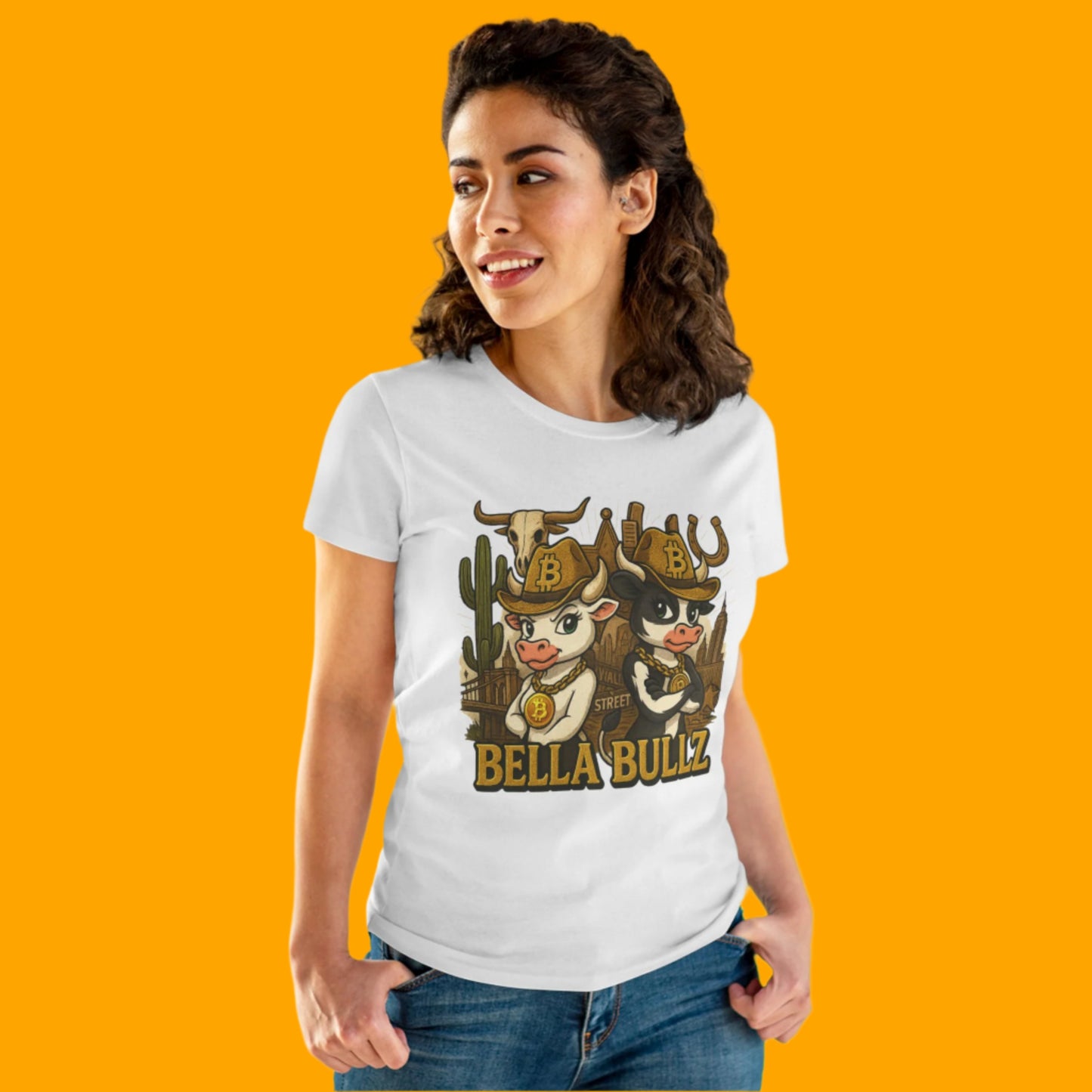 Cowgirl Themed Women's Midweight Cotton Tee - Bella Bullz Graphic Shirt, Casual Wear, Gift for Cowgirls, Rodeo Apparel, Unique Graphic Tee