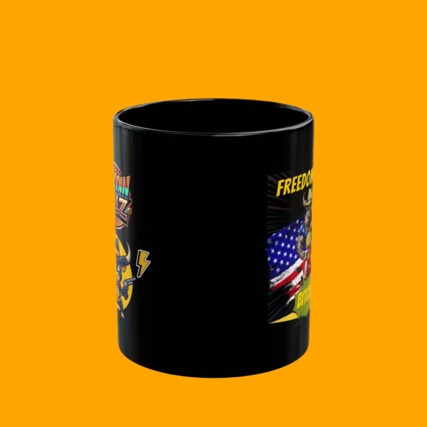 Freedom with Bitcoin Mug - Unique Black Coffee Cup, Gift for Crypto Lovers, Patriotic Drinkware, Perfect for Holidays