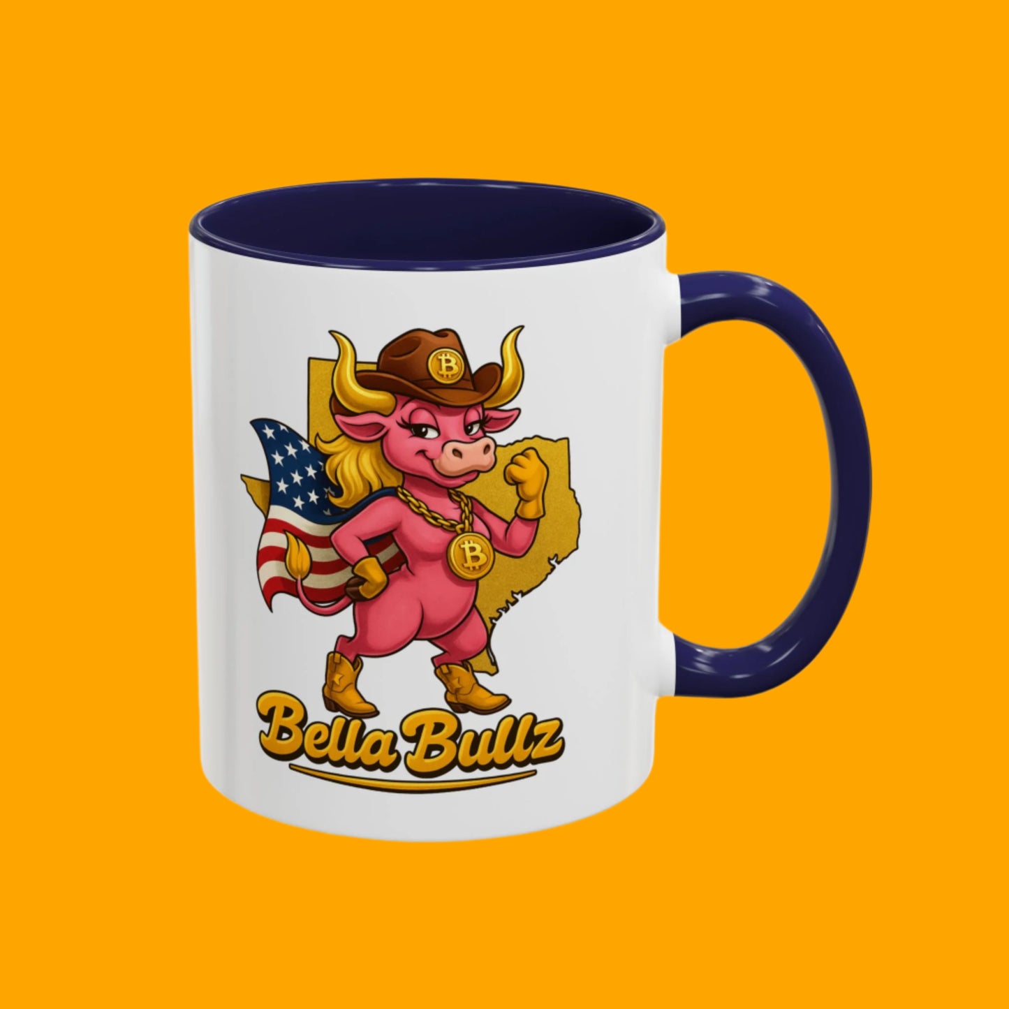 Crypto Lovers Accent Coffee Mug with Bella Bullz Design | Unique Gift for Cowgirls, American Pride Mug, BBQ Gatherings, Home Decor