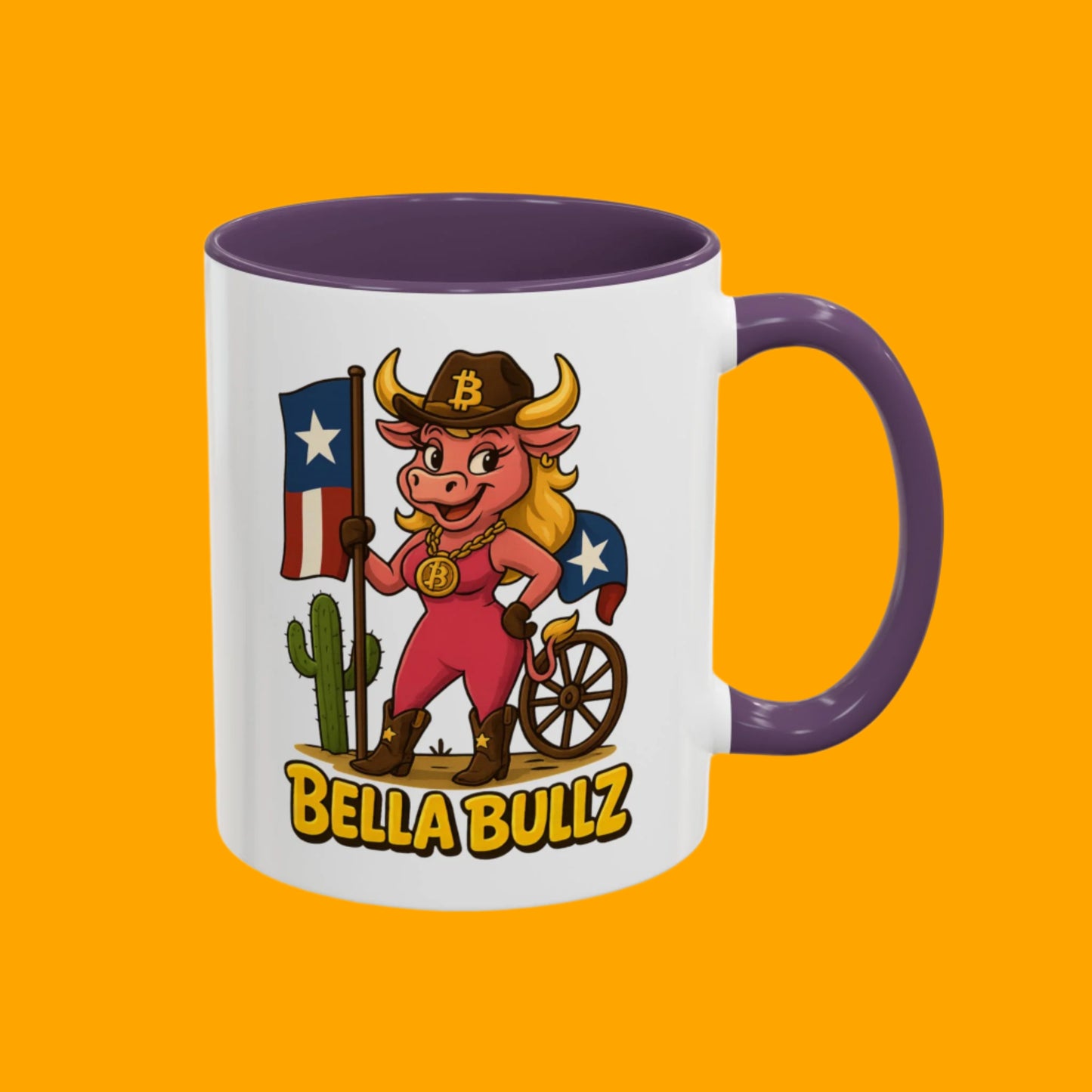 Texas-themed Accent Coffee Mug with Bella Bullz Design | Crypto Cowgirl Mug, Cactus Coffee Cup, Cute Animal Mug, Texas Pride