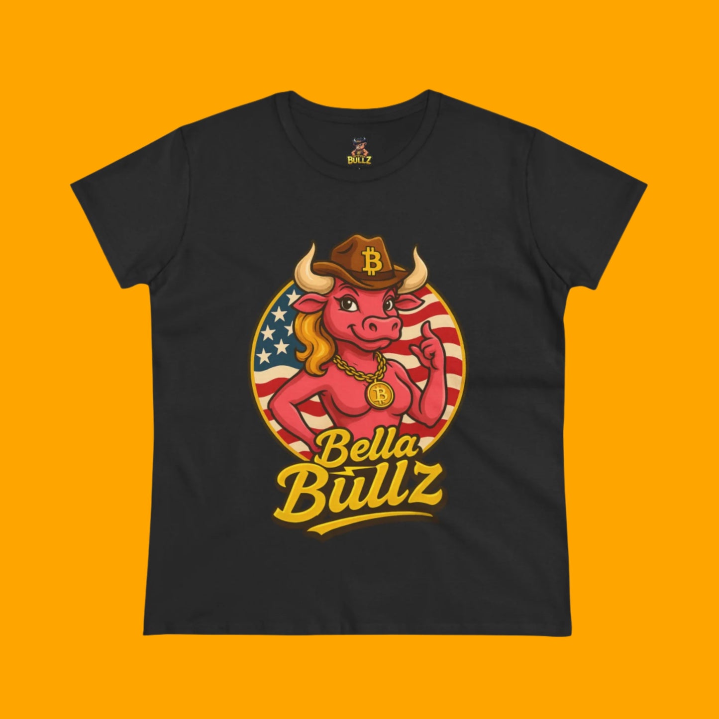 Bella Bullz Women's Limited Collection Cotton Tee - Crypto Graphic Tee with Cowgirl Bull Design Patriotic Limited Edition