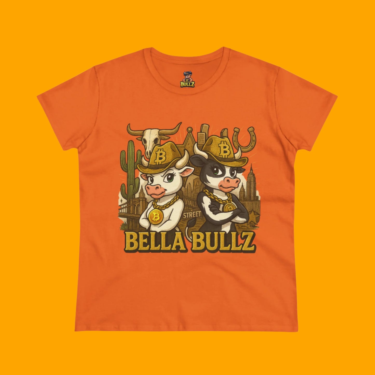 Cowgirl Themed Women's Midweight Cotton Tee - Bella Bullz Graphic Shirt, Casual Wear, Gift for Cowgirls, Rodeo Apparel, Unique Graphic Tee