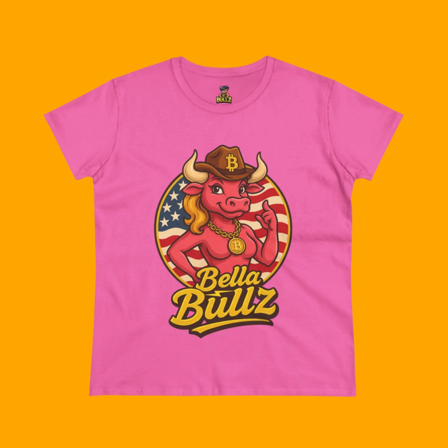 Bella Bullz Women's Limited Collection Cotton Tee - Crypto Graphic Tee with Cowgirl Bull Design Patriotic Limited Edition