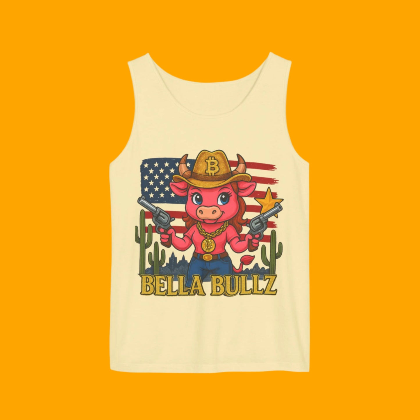 Bella Bullz™ Graphic Tank Top | Women's Garment Dyed T-Shirt, Crypto Cowgirl Western Outfit, Summer Festival