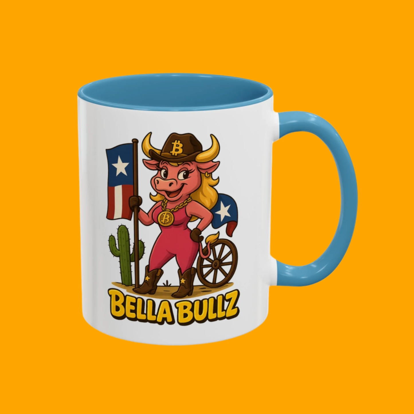 Texas-themed Accent Coffee Mug with Bella Bullz Design | Crypto Cowgirl Mug, Cactus Coffee Cup, Cute Animal Mug, Texas Pride