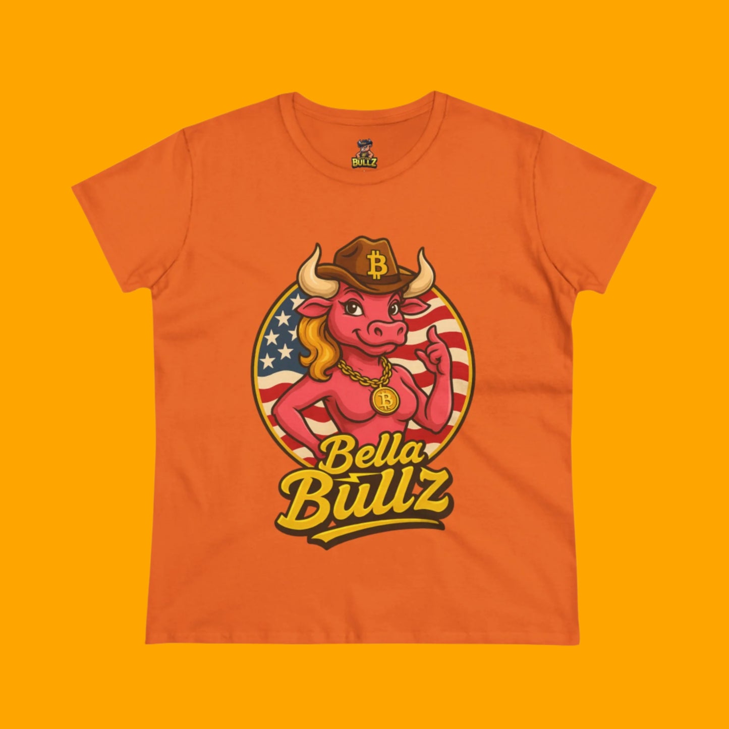 Bella Bullz Women's Limited Collection Cotton Tee - Crypto Graphic Tee with Cowgirl Bull Design Patriotic Limited Edition