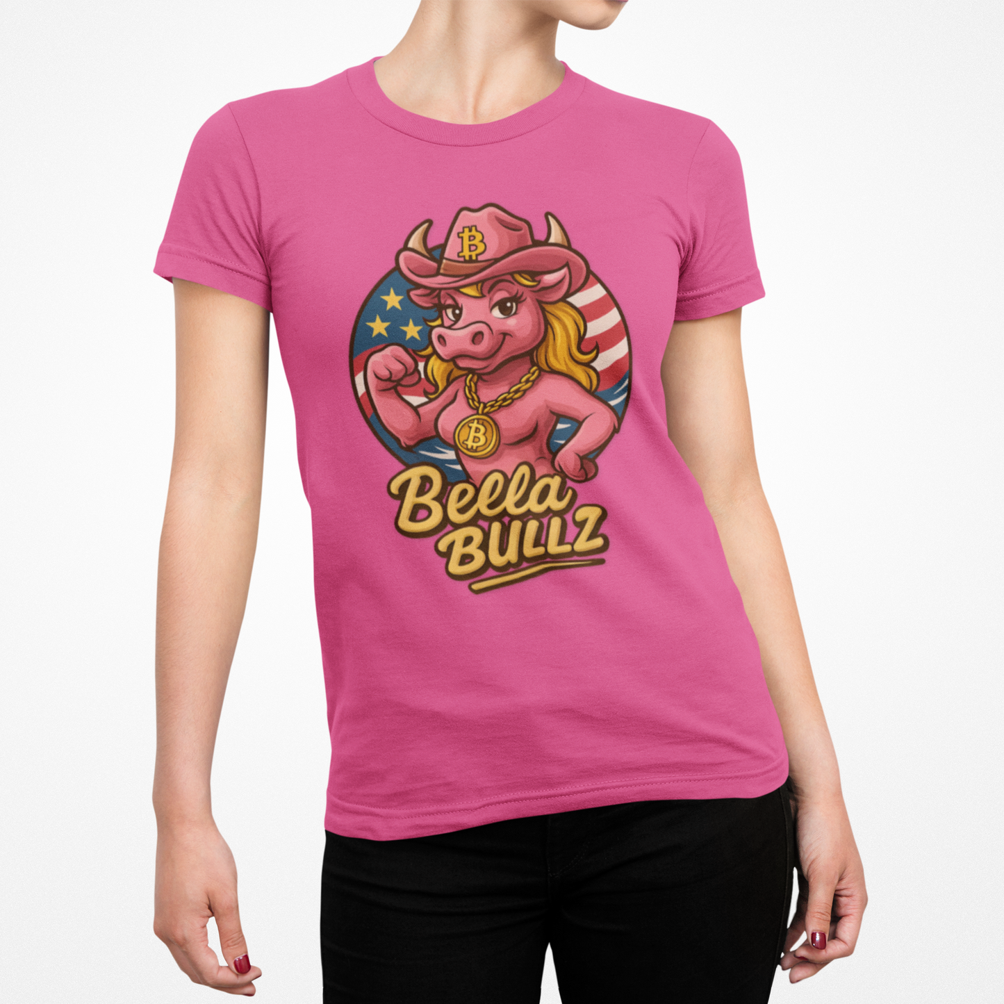 Bella Bullz Women's Summer Cotton Tee, Crypto Cowgirl T-shirt, Crypto Themed Gift, Western Style Shirt, Great for Holidays