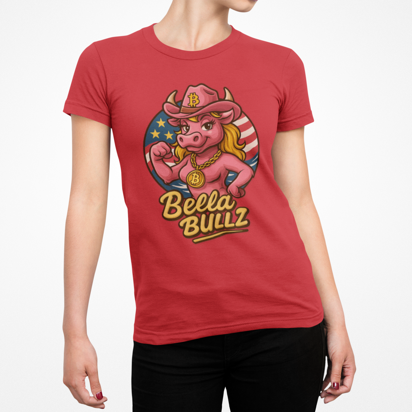 Bella Bullz Women's Summer Cotton Tee, Crypto Cowgirl T-shirt, Crypto Themed Gift, Western Style Shirt, Great for Holidays