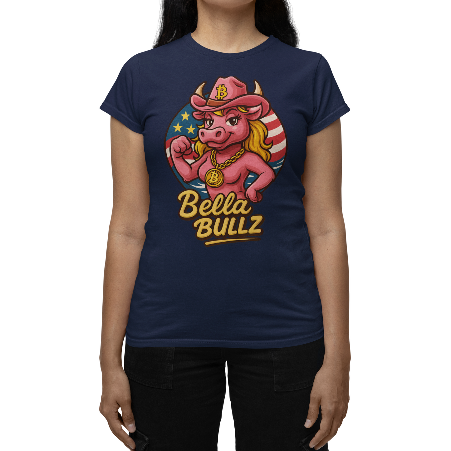 Bella Bullz Women's Summer Cotton Tee, Crypto Cowgirl T-shirt, Crypto Themed Gift, Western Style Shirt, Great for Holidays