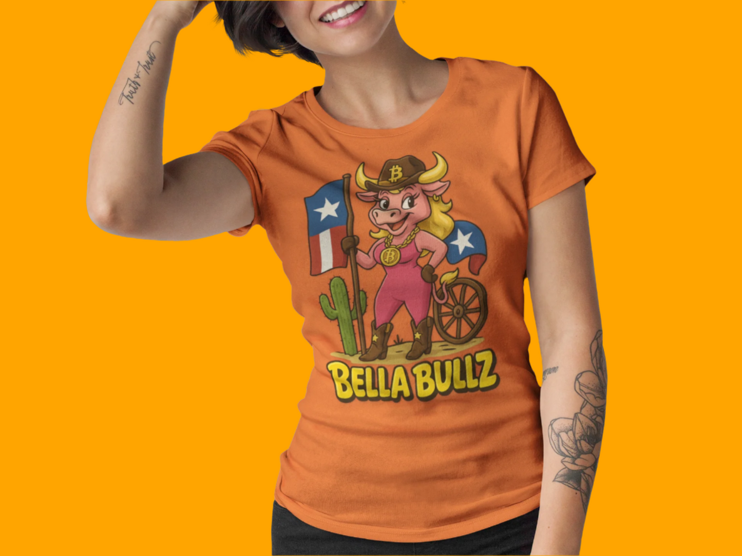 Texas Crypto Women Bella Bull T-Shirt | Fun Graphic Quality Tee for Casual Wear, Gifts for Her, Rodeo and Texan Pride