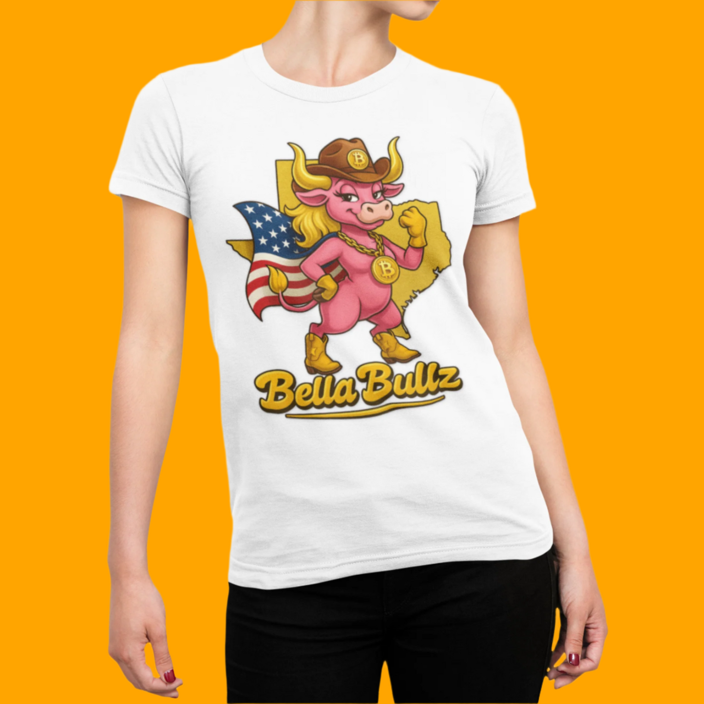 Bella Bullz Women's Cotton Tee Fun Texas Cowgirl Design for Crypto Lovers of all Ages