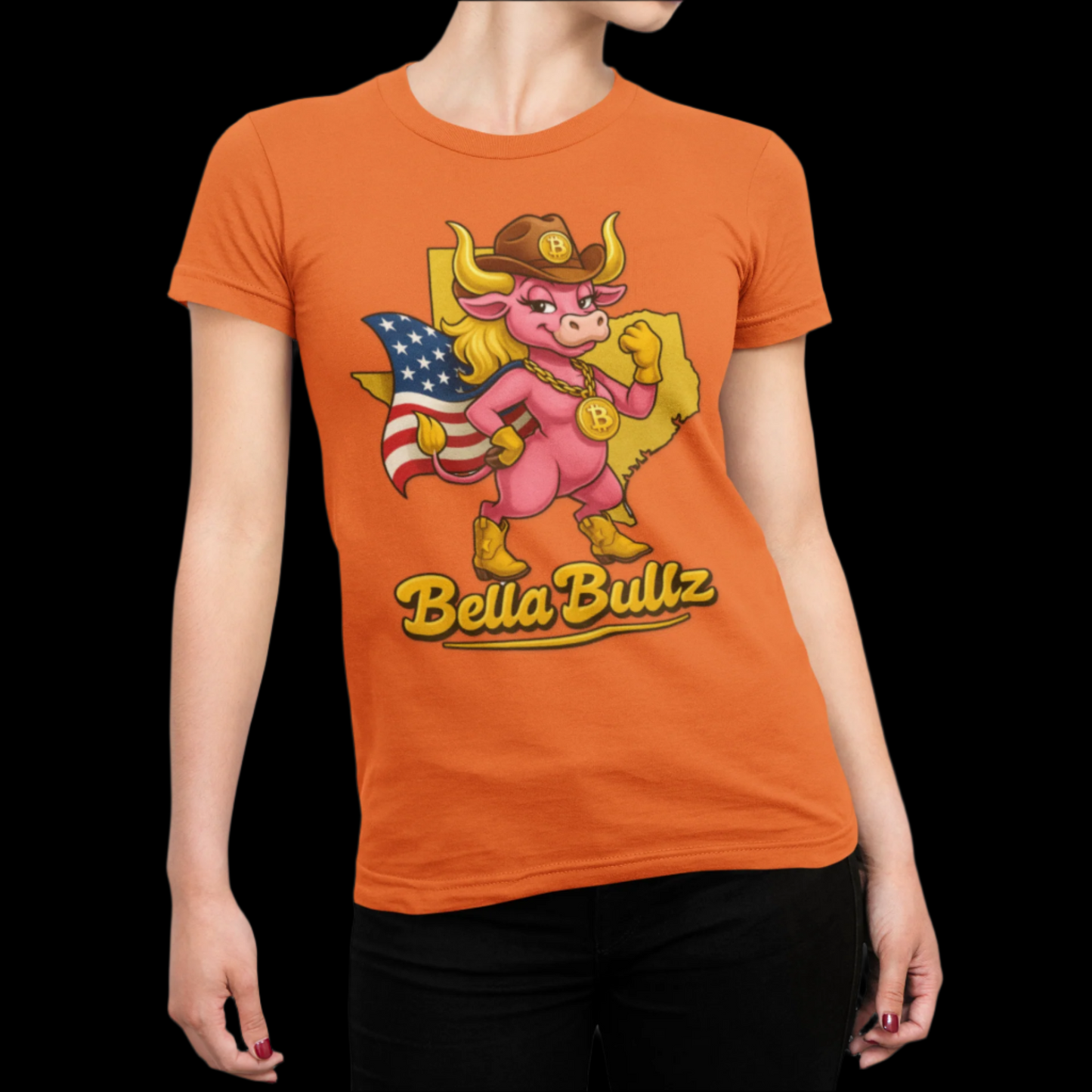 Bella Bullz Women's Cotton Tee Fun Texas Cowgirl Design for Crypto Lovers of all Ages