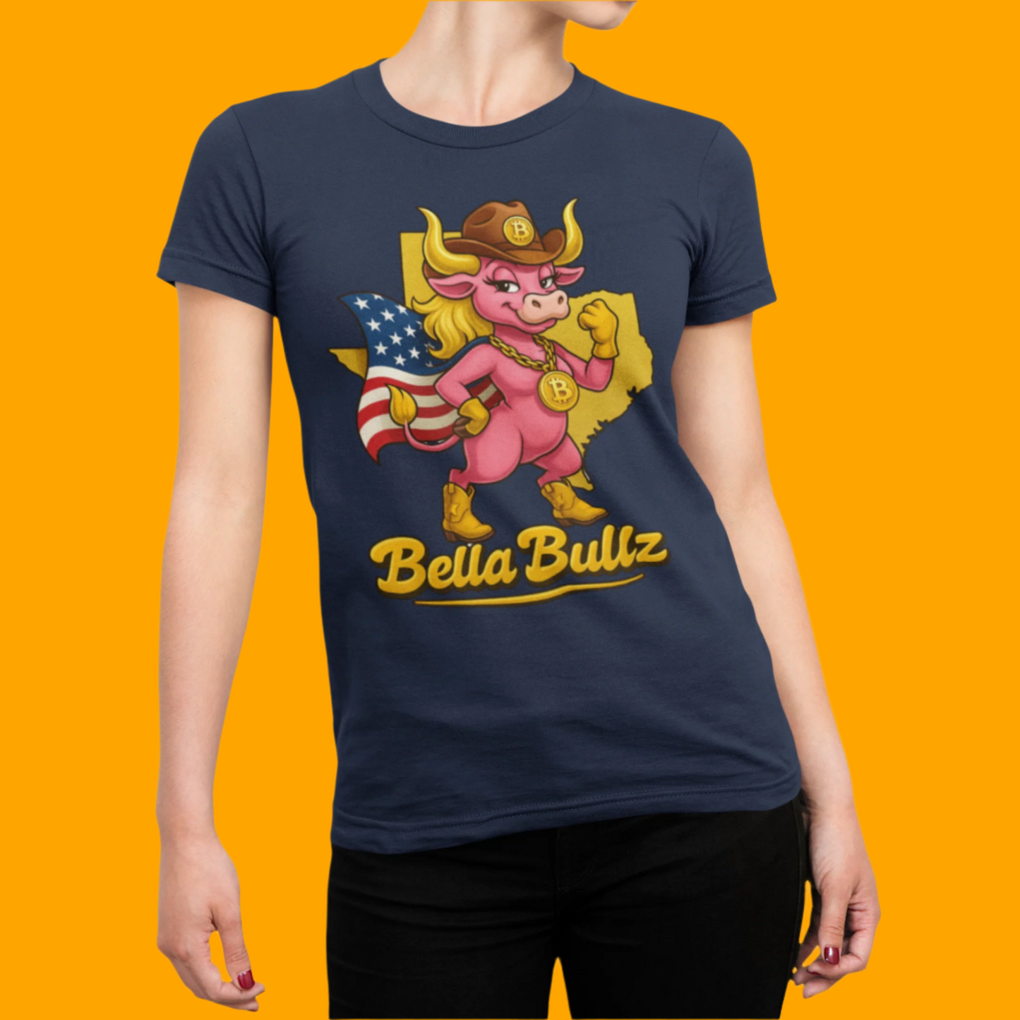 Bella Bullz Women's Cotton Tee Fun Texas Cowgirl Design for Crypto Lovers of all Ages
