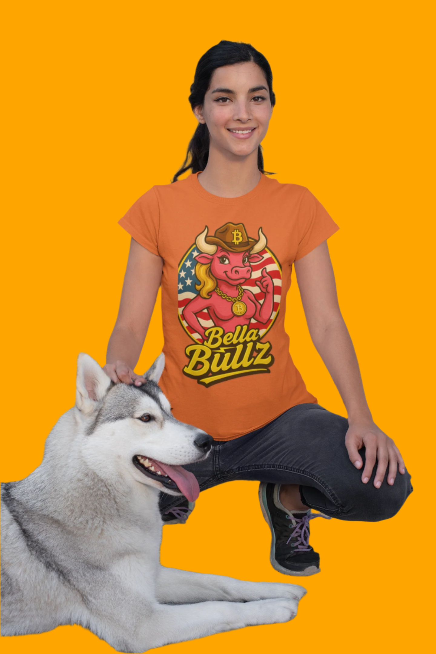 Bella Bullz Women's Limited Collection Cotton Tee - Crypto Graphic Tee with Cowgirl Bull Design Patriotic Limited Edition