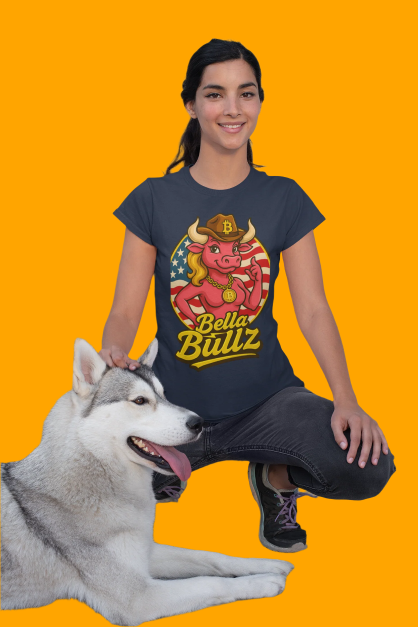 Bella Bullz Women's Limited Collection Cotton Tee - Crypto Graphic Tee with Cowgirl Bull Design Patriotic Limited Edition