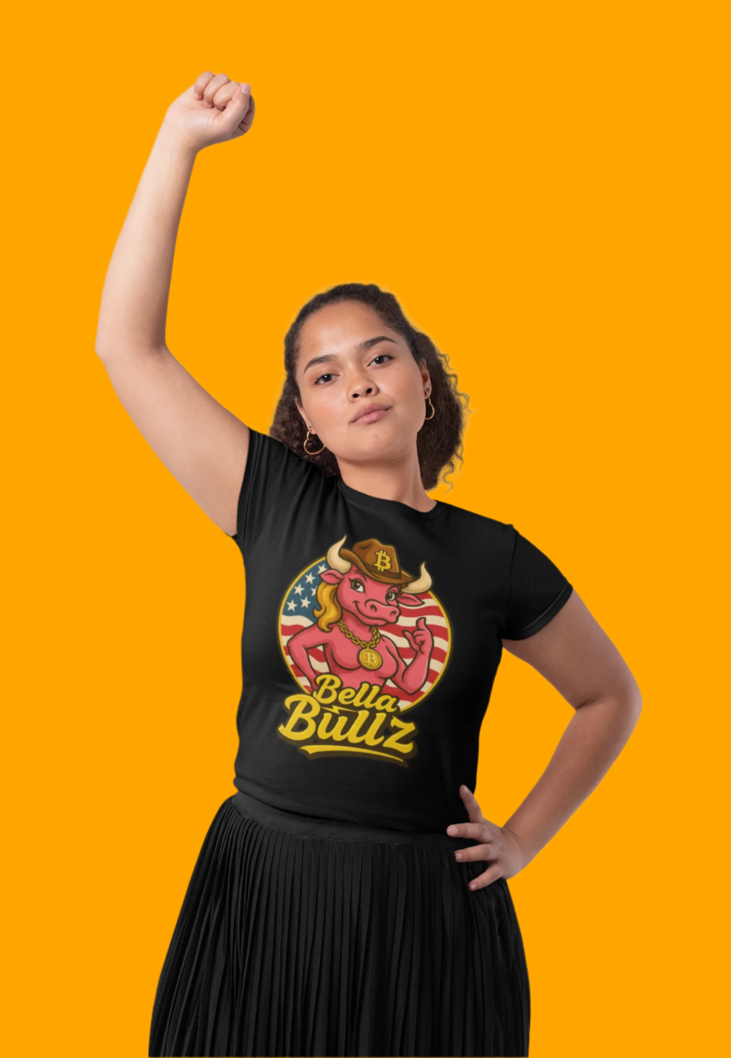 Bella Bullz Women's Limited Collection Cotton Tee - Crypto Graphic Tee with Cowgirl Bull Design Patriotic Limited Edition