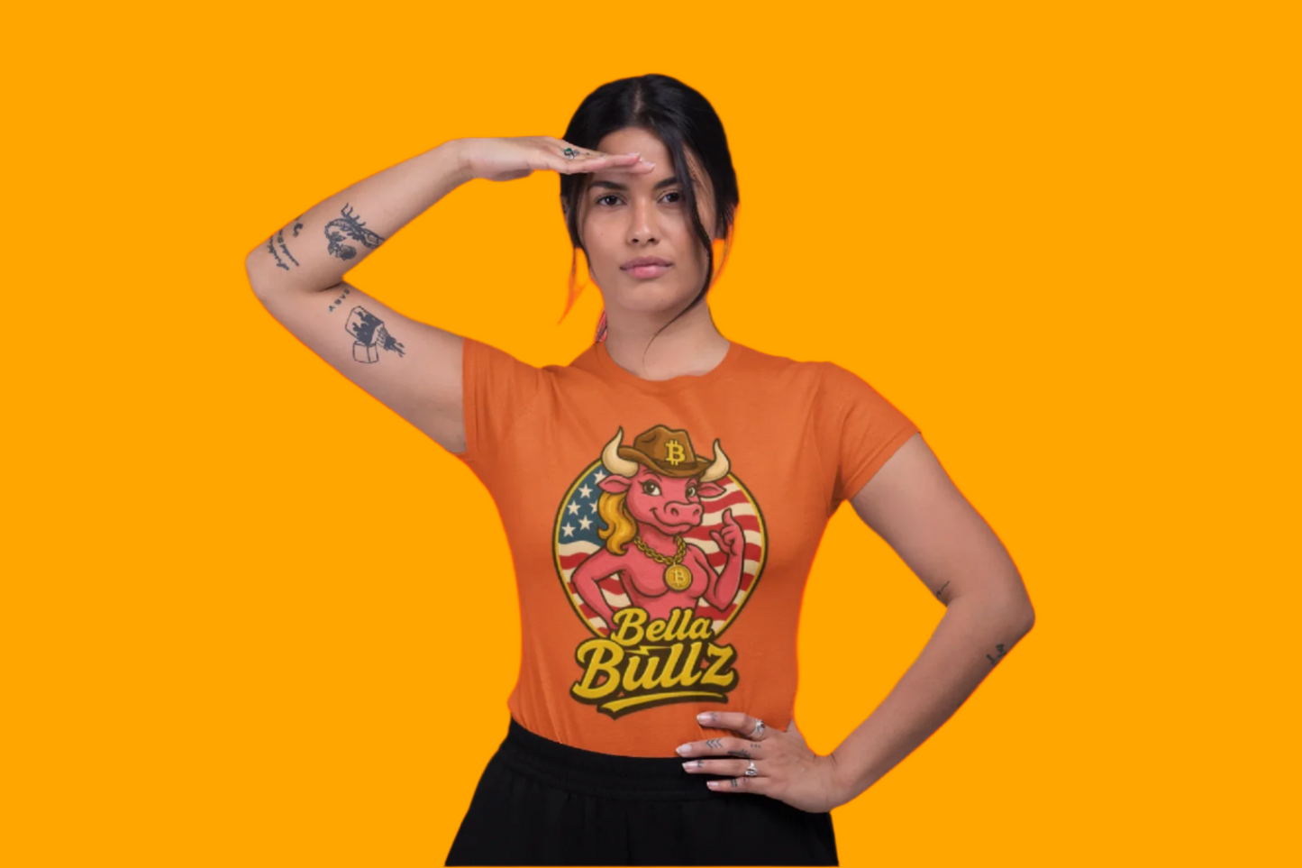 Bella Bullz Women's Limited Collection Cotton Tee - Crypto Graphic Tee with Cowgirl Bull Design Patriotic Limited Edition