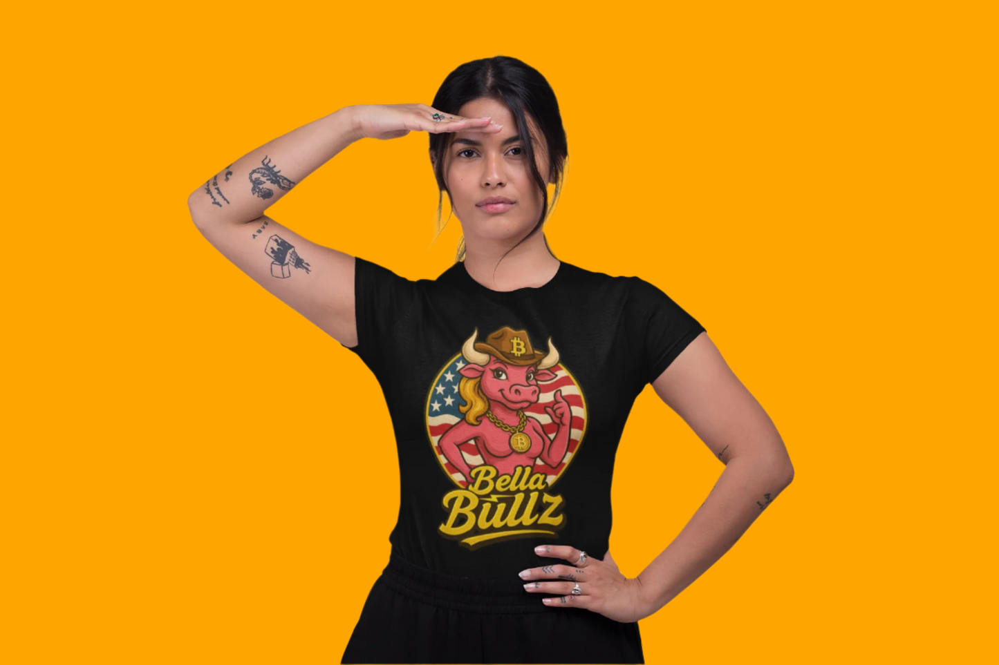Bella Bullz Women's Limited Collection Cotton Tee - Crypto Graphic Tee with Cowgirl Bull Design Patriotic Limited Edition