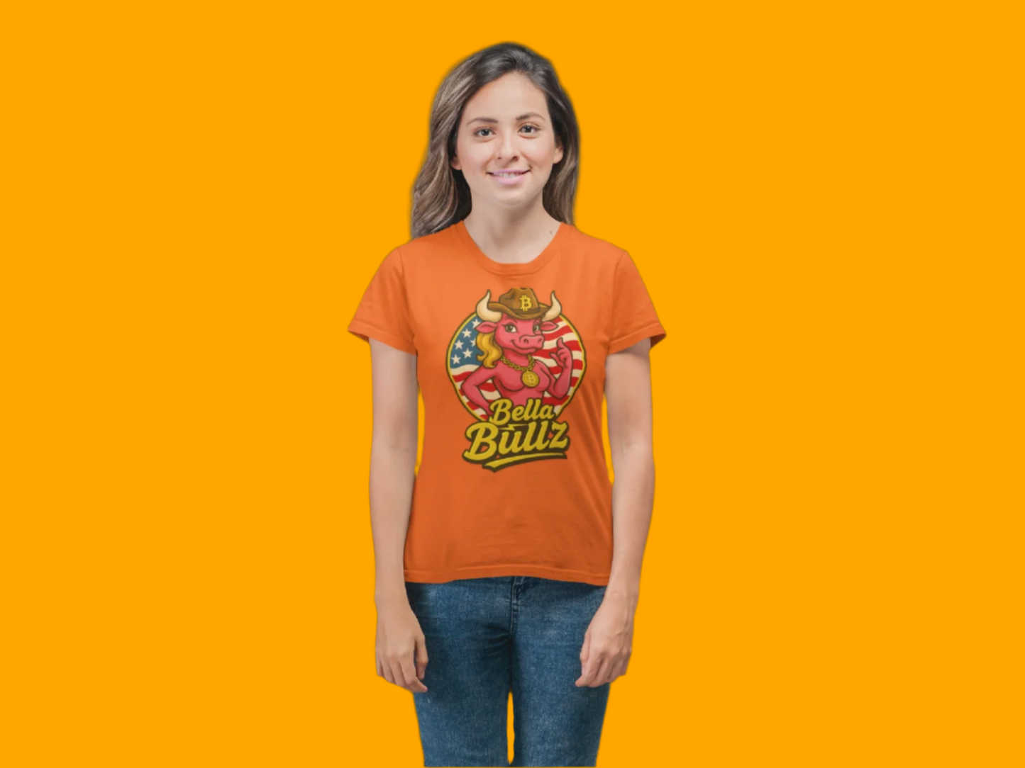 Bella Bullz Women's Limited Collection Cotton Tee - Crypto Graphic Tee with Cowgirl Bull Design Patriotic Limited Edition