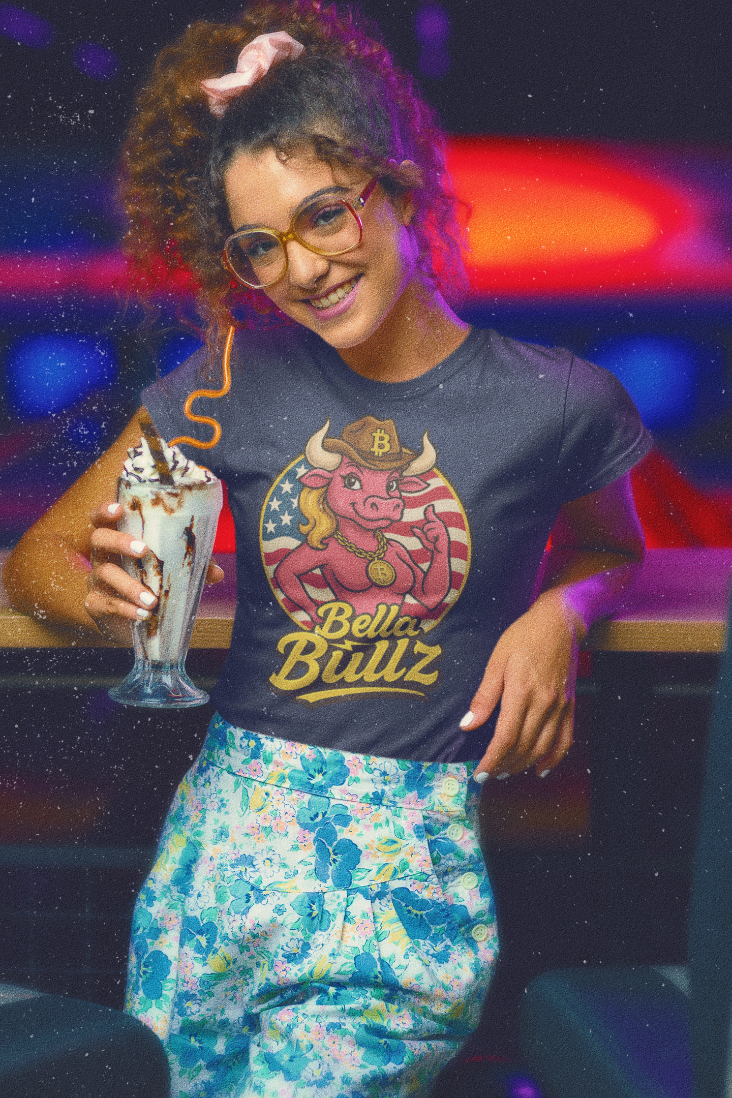 Bella Bullz Women's Limited Collection Cotton Tee - Crypto Graphic Tee with Cowgirl Bull Design Patriotic Limited Edition