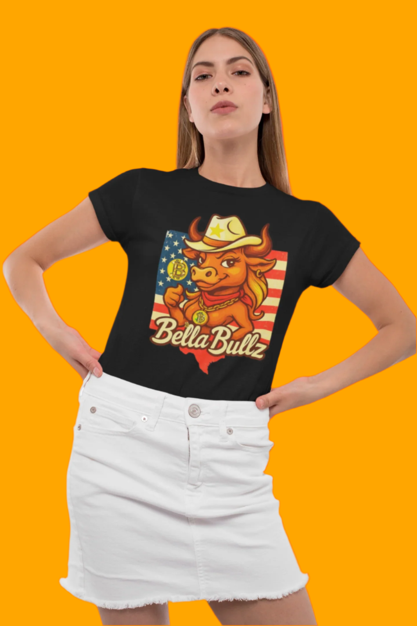 Bella Bullz Women's Fashion Cotton Tee - Fun Texas Crypto Cowgirl Design