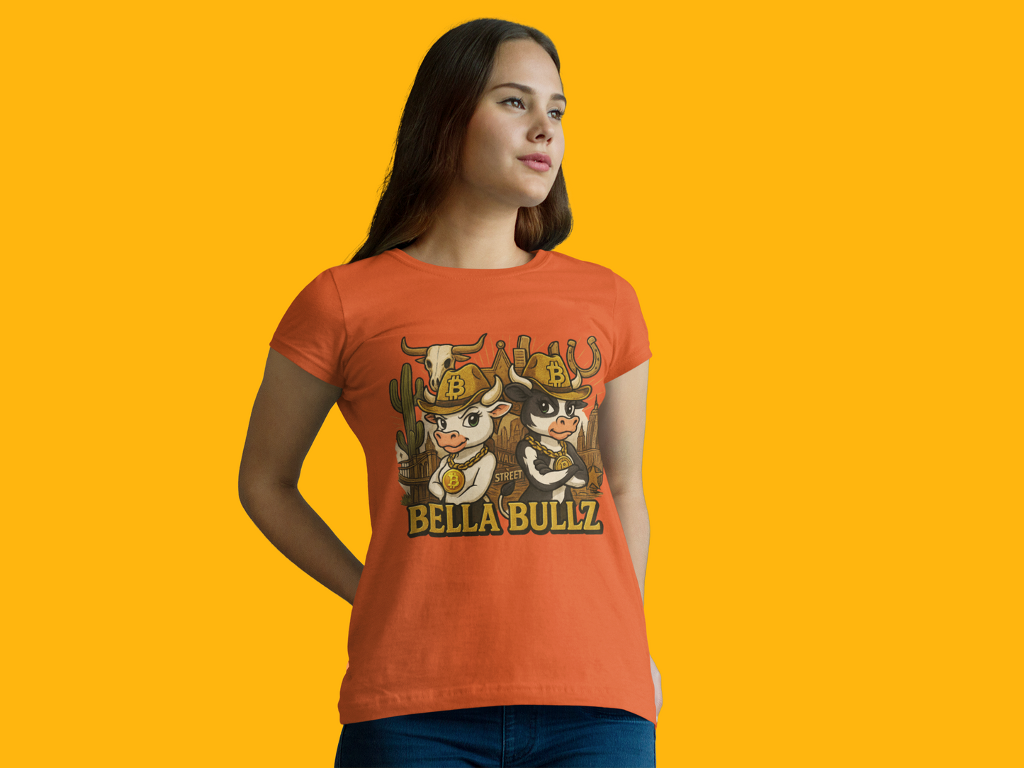 Cowgirl Themed Women's Midweight Cotton Tee - Bella Bullz Graphic Shirt, Casual Wear, Gift for Cowgirls, Rodeo Apparel, Unique Graphic Tee