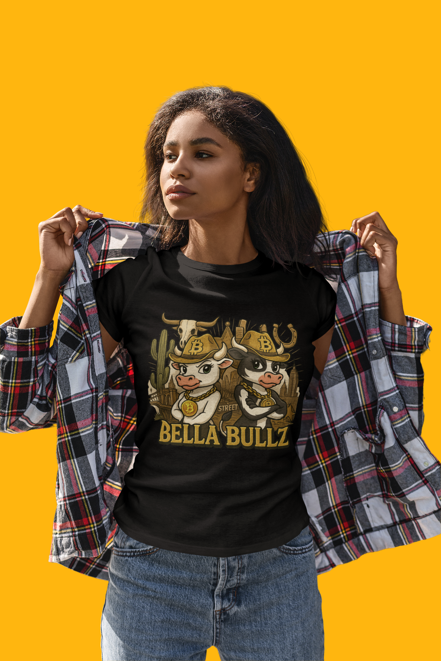 Cowgirl Themed Women's Midweight Cotton Tee - Bella Bullz Graphic Shirt, Casual Wear, Gift for Cowgirls, Rodeo Apparel, Unique Graphic Tee