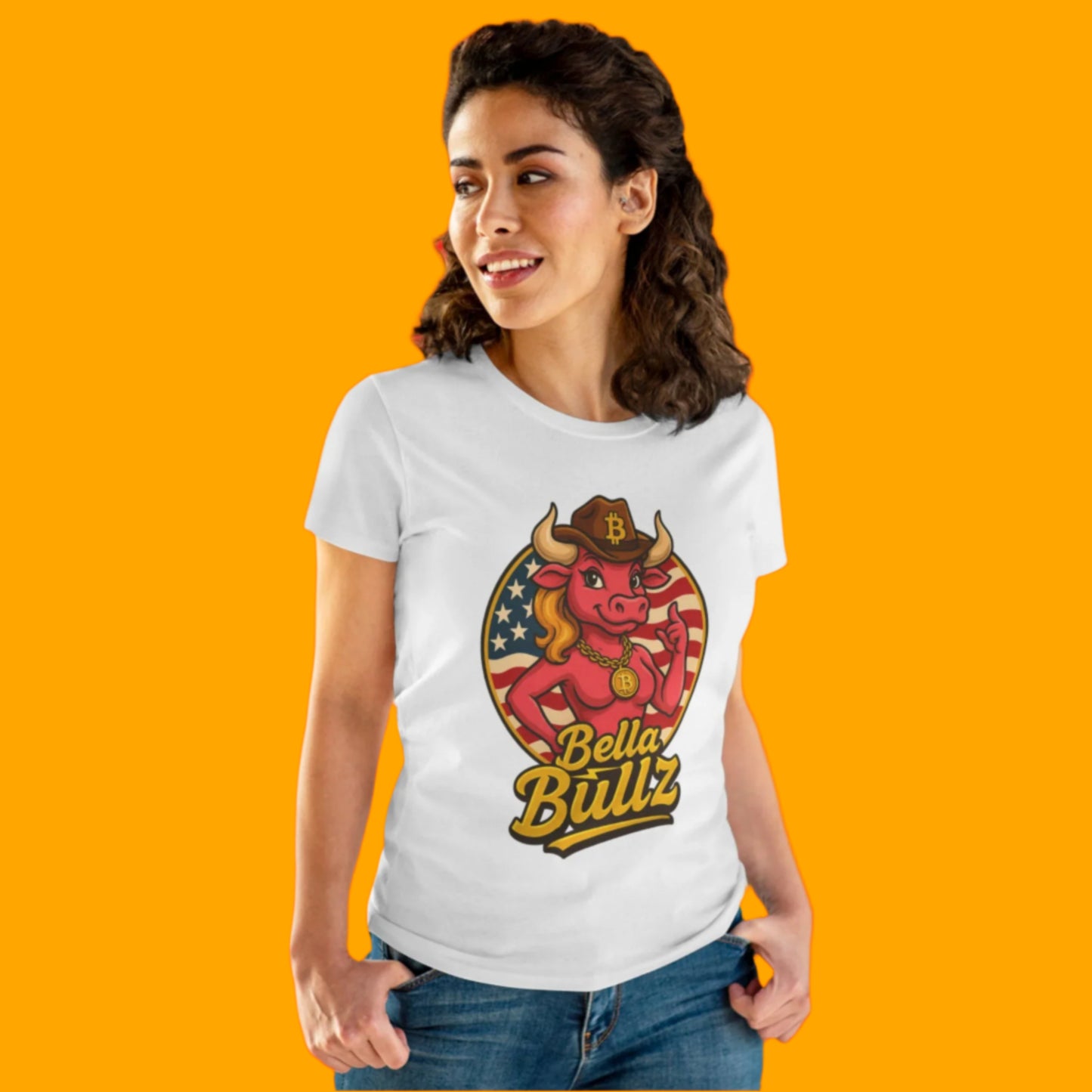 Bella Bullz Women's Limited Collection Cotton Tee - Crypto Graphic Tee with Cowgirl Bull Design Patriotic Limited Edition