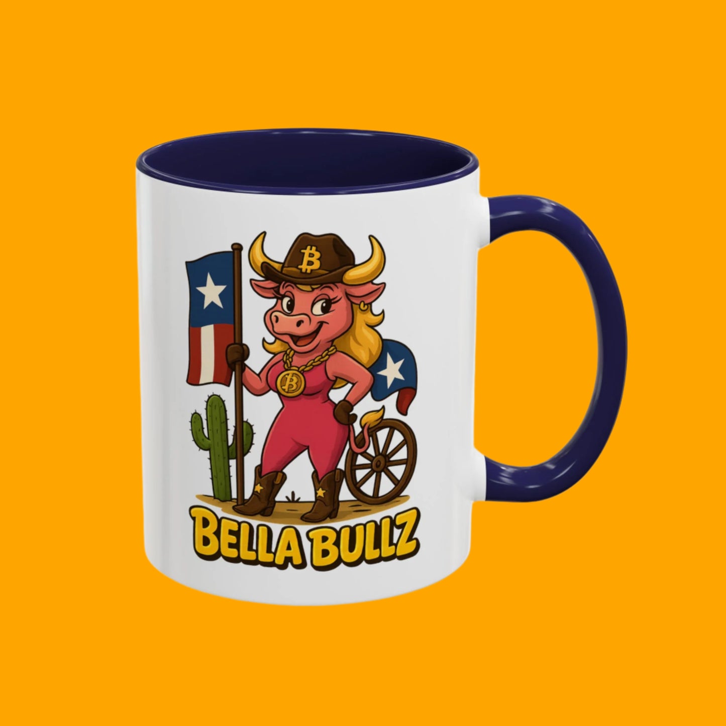 Texas-themed Accent Coffee Mug with Bella Bullz Design | Crypto Cowgirl Mug, Cactus Coffee Cup, Cute Animal Mug, Texas Pride