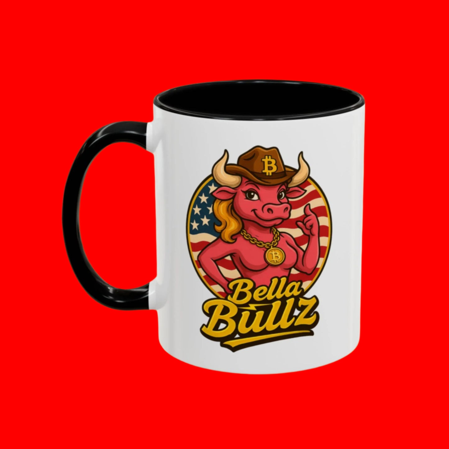 Crypto Lovers Accent Coffee Mug with Bella Bullz Design | Unique Gift for Cowgirls, American Pride Mug, BBQ Gatherings, Home Decor