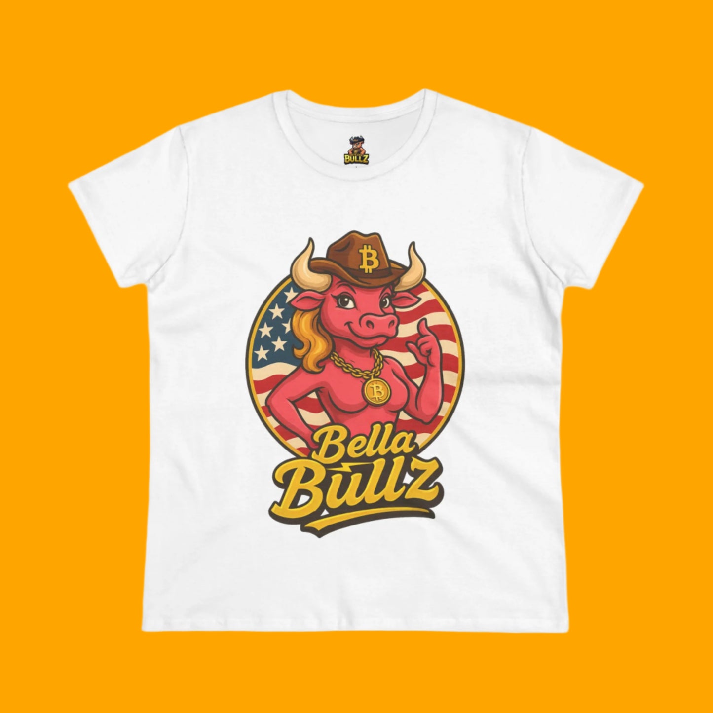 Bella Bullz Women's Limited Collection Cotton Tee - Crypto Graphic Tee with Cowgirl Bull Design Patriotic Limited Edition