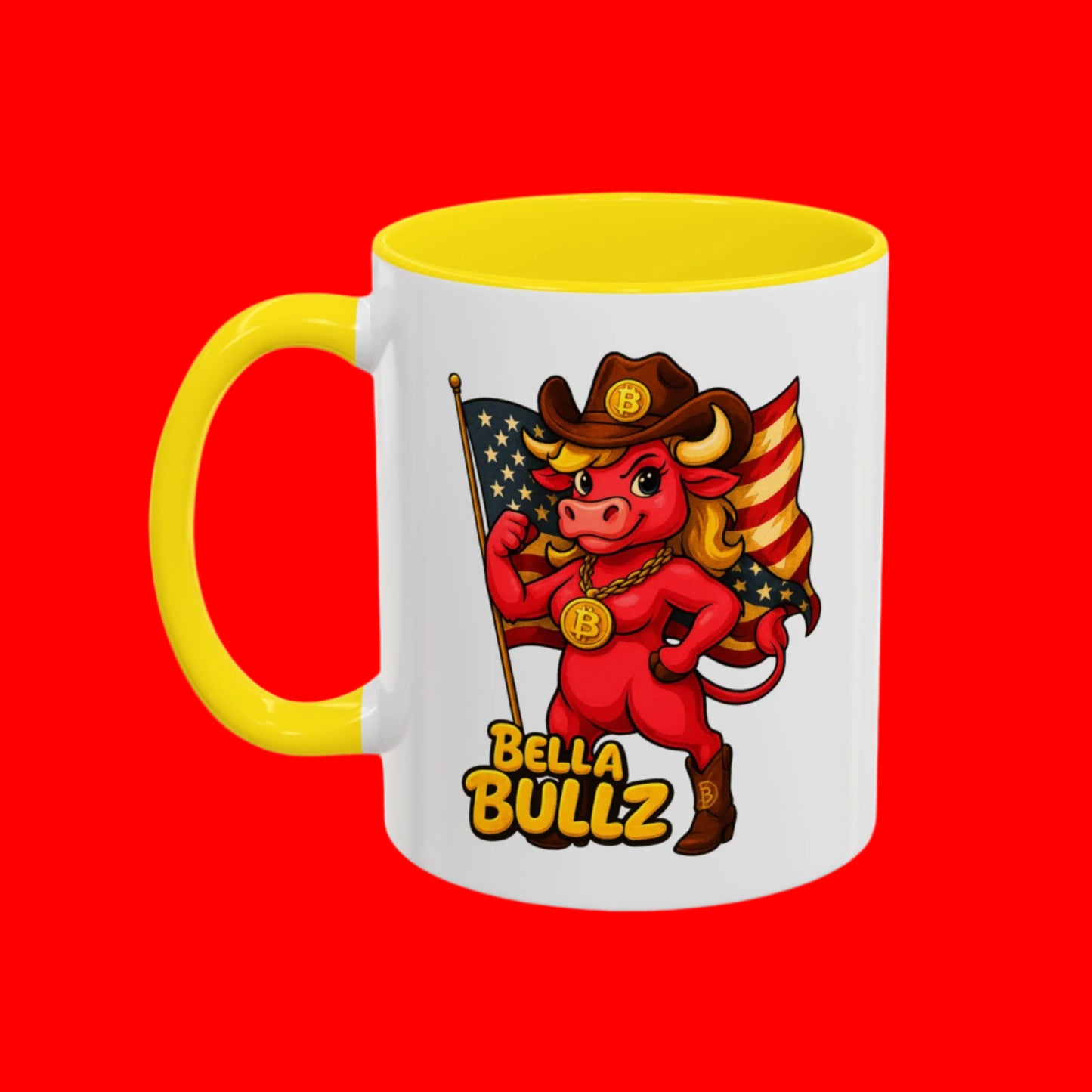 Texas-themed Accent Coffee Mug with Bella Bullz Design | Crypto Cowgirl Mug, Cactus Coffee Cup, Cute Animal Mug, Texas Pride