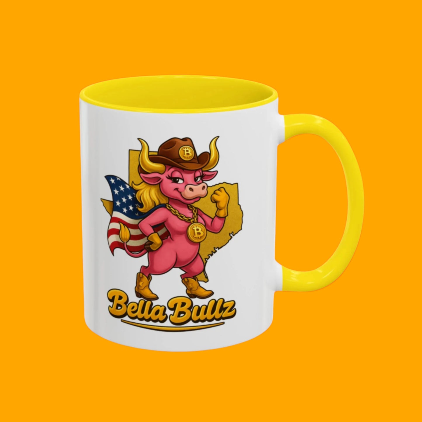 Crypto Lovers Accent Coffee Mug with Bella Bullz Design | Unique Gift for Cowgirls, American Pride Mug, BBQ Gatherings, Home Decor