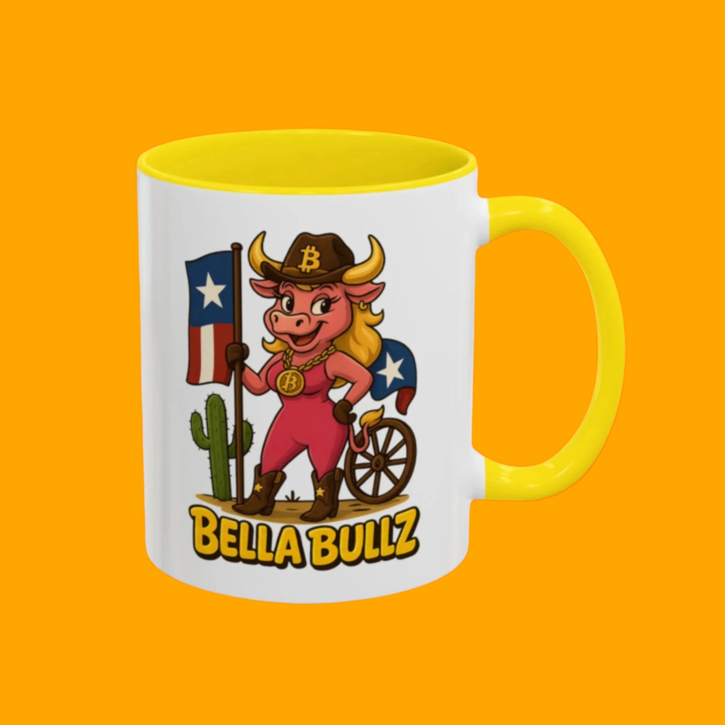 Texas-themed Accent Coffee Mug with Bella Bullz Design | Crypto Cowgirl Mug, Cactus Coffee Cup, Cute Animal Mug, Texas Pride