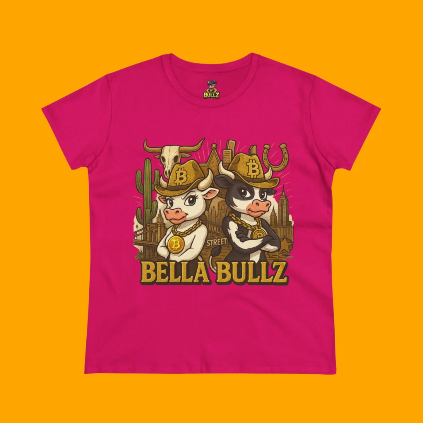 Cowgirl Themed Women's Midweight Cotton Tee - Bella Bullz Graphic Shirt, Casual Wear, Gift for Cowgirls, Rodeo Apparel, Unique Graphic Tee