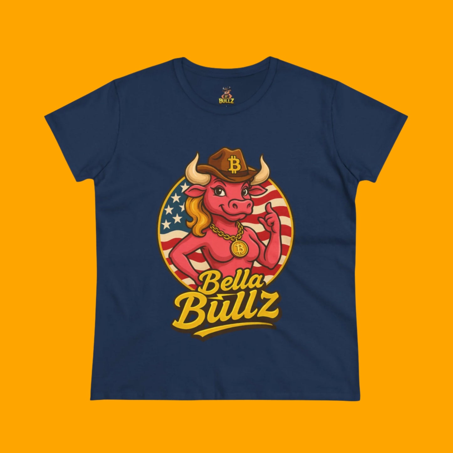 Bella Bullz Women's Limited Collection Cotton Tee - Crypto Graphic Tee with Cowgirl Bull Design Patriotic Limited Edition