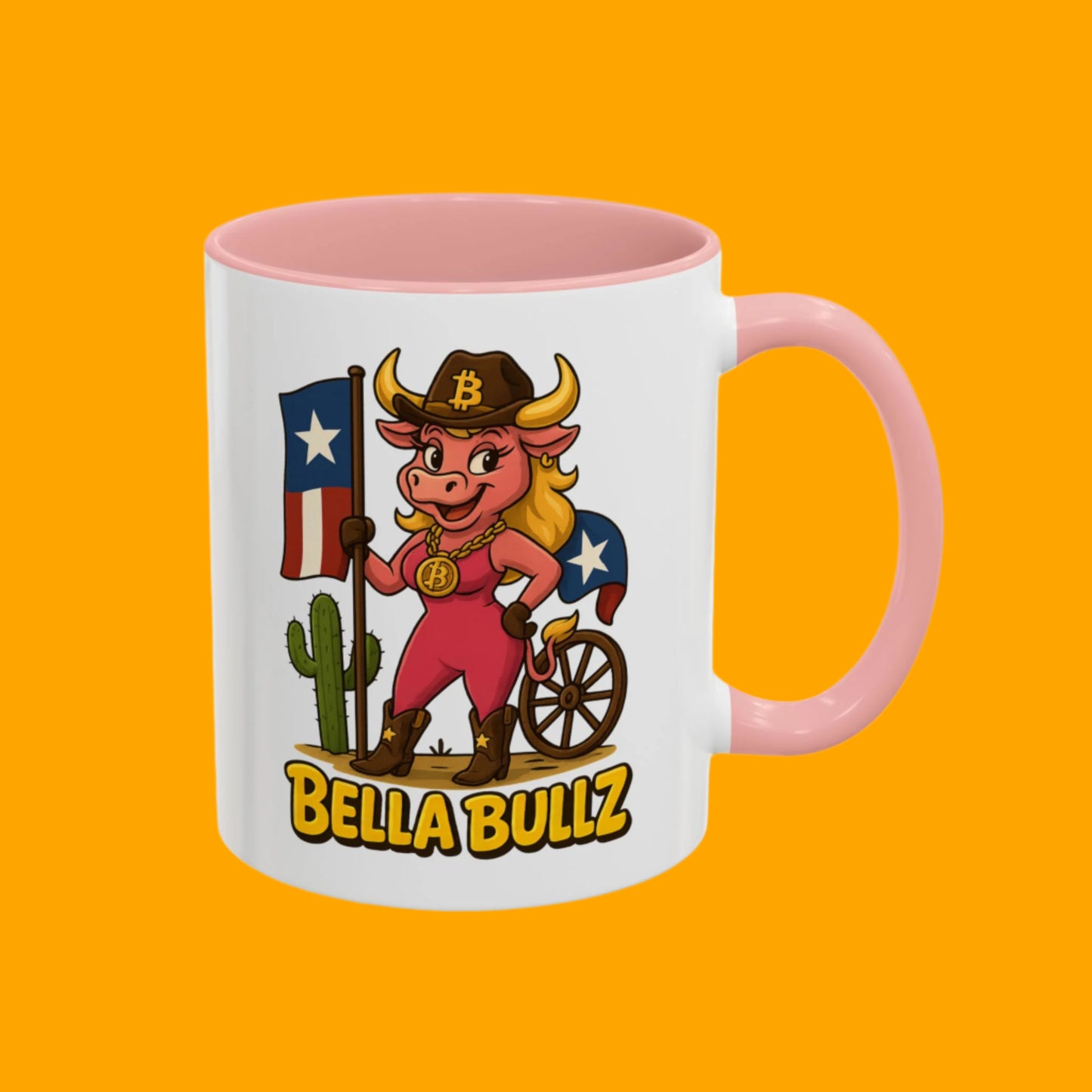 Texas-themed Accent Coffee Mug with Bella Bullz Design | Crypto Cowgirl Mug, Cactus Coffee Cup, Cute Animal Mug, Texas Pride