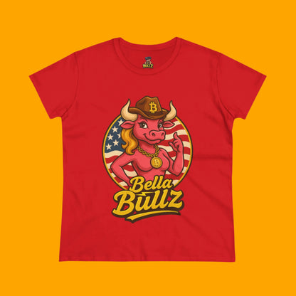 Bella Bullz Women's Limited Collection Cotton Tee - Crypto Graphic Tee with Cowgirl Bull Design Patriotic Limited Edition