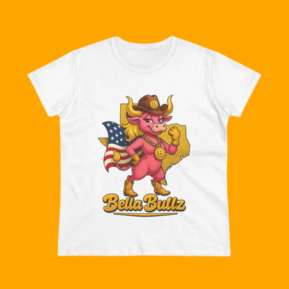 Bella Bullz Women's Cotton Tee Fun Texas Cowgirl Design for Crypto Lovers of all Ages