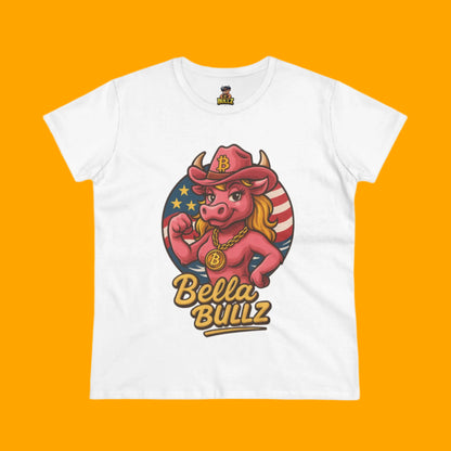 Bella Bullz Women's Summer Cotton Tee, Crypto Cowgirl T-shirt, Crypto Themed Gift, Western Style Shirt, Great for Holidays