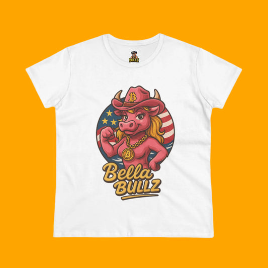 Bella Bullz Women's Summer Cotton Tee, Crypto Cowgirl T-shirt, Crypto Themed Gift, Western Style Shirt, Great for Holidays