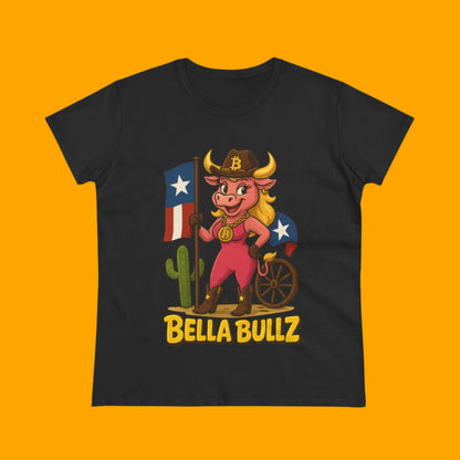 Texas Crypto Women Bella Bull T-Shirt | Fun Graphic Quality Tee for Casual Wear, Gifts for Her, Rodeo and Texan Pride