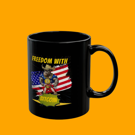 Freedom with Bitcoin Mug - Unique Black Coffee Cup, Gift for Crypto Lovers, Patriotic Drinkware, Perfect for Holidays
